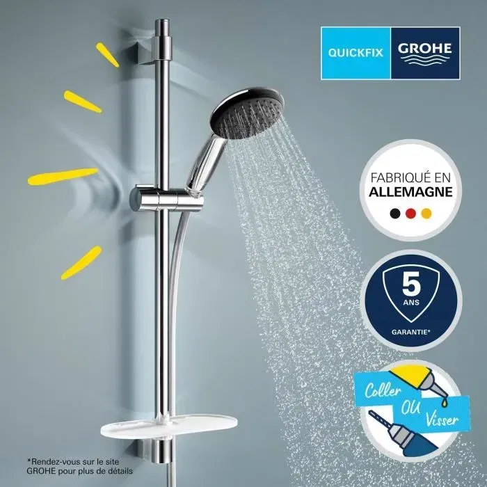 GROHE Vitalio Start 110 26952001 - Ensemble de douche avec pommeau 2 jets, barre 60 cm, flexible 1.75 m et tablette - Economie d'eau - Chromé