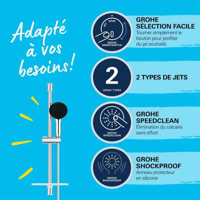 GROHE Vitalio Start 110 26952001 - Ensemble de douche avec pommeau 2 jets, barre 60 cm, flexible 1.75 m et tablette - Economie d'eau - Chromé