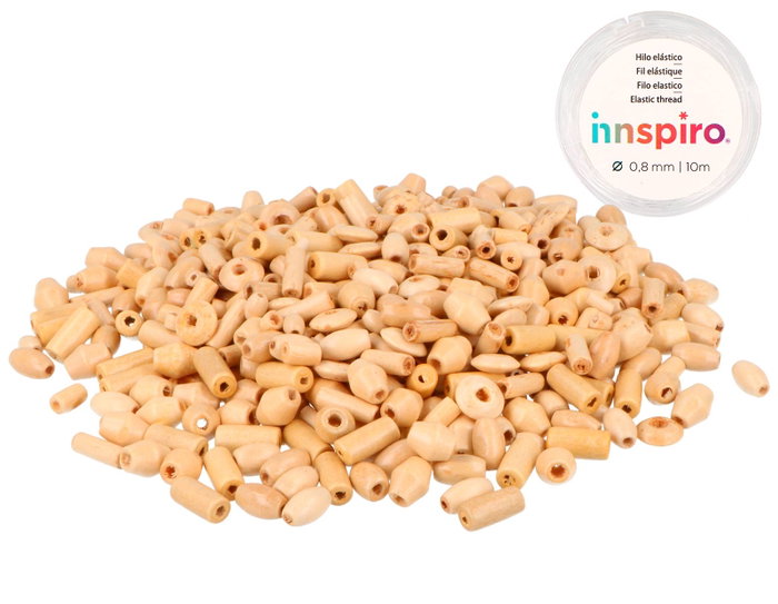 Innspiro Bote de 1000 perles en bois naturel assorties et 10m de fil élastique Innspiro Bote de 1000 perles en bois naturel assorties et 10m de fil élastique