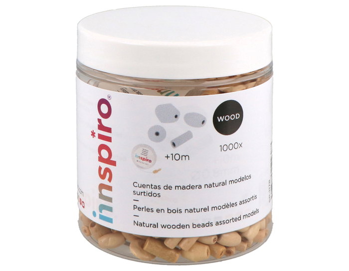 Innspiro Bote de 1000 perles en bois naturel assorties et 10m de fil élastique Innspiro Bote de 1000 perles en bois naturel assorties et 10m de fil élastique