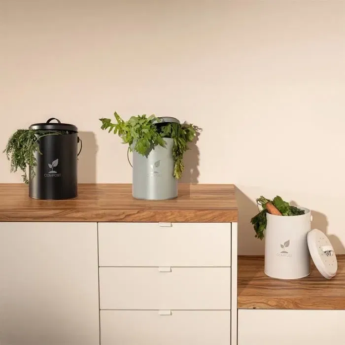 Livoo MES154N Seau à compost de cuisine 6 litres en métal avec couvercle et filtre à charbon - Ø18 x H23 cm