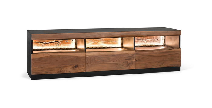 GINER Y COLOMER Meuble TV en Acacia Massif 180x50x42 cm, 3 Tiroirs, avec Éclairage Intérieur, Coloris Naturel et Noir