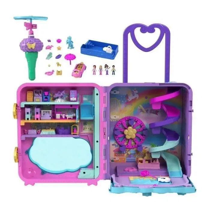 Polly Pocket - Coffret Valise Surprise Pollyville HKV43 avec 4 Figurines, Véhicule et Accessoires - Jeu Voyage pour Enfants dès 4 Ans