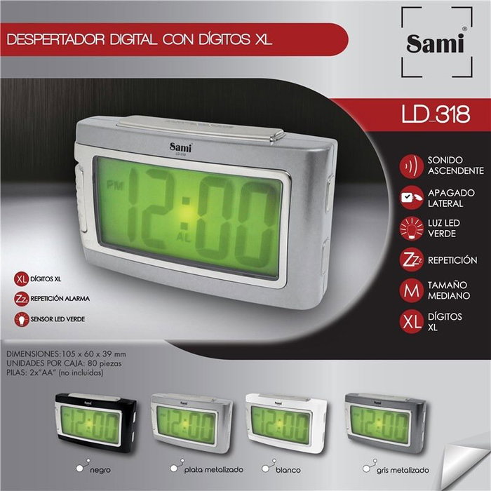 SAMI Réveil LCD rectangulaire blanc avec chiffres XL et lumière verte