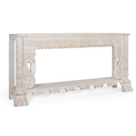 GINER Y COLOMER - Console de Salle à Manger en Bois de Mango Massif Blanc Vieilli avec Plateau Bas, Patins Tournés et Détails Sculptés Main - 180x90x40 cm