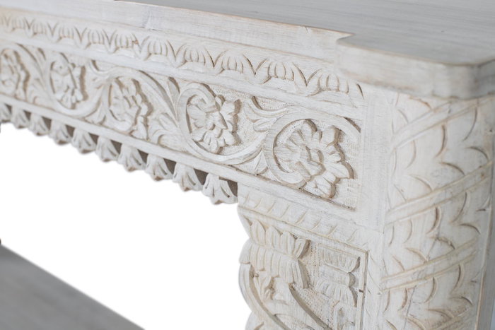 GINER Y COLOMER - Console de Salle à Manger en Bois de Mango Massif Blanc Vieilli avec Plateau Bas, Patins Tournés et Détails Sculptés Main - 180x90x40 cm