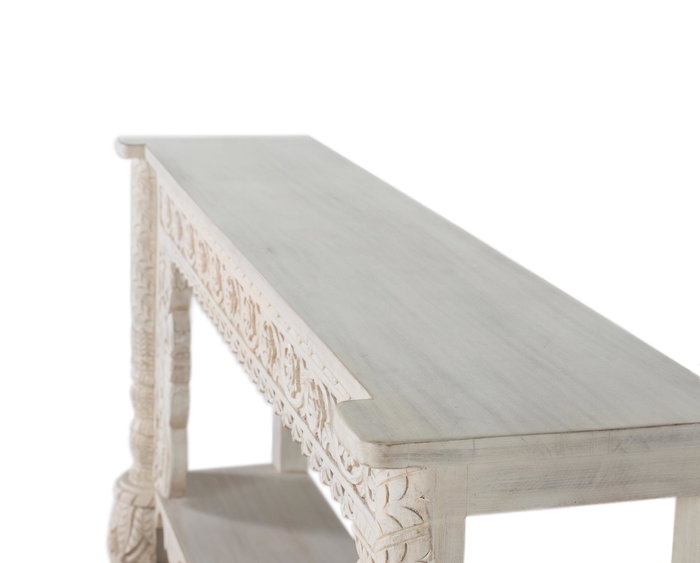 GINER Y COLOMER - Console de Salle à Manger en Bois de Mango Massif Blanc Vieilli avec Plateau Bas, Patins Tournés et Détails Sculptés Main - 180x90x40 cm