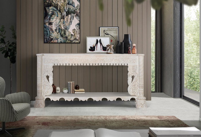 GINER Y COLOMER - Console de Salle à Manger en Bois de Mango Massif Blanc Vieilli avec Plateau Bas, Patins Tournés et Détails Sculptés Main - 180x90x40 cm