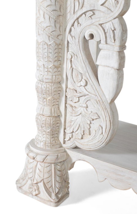 GINER Y COLOMER - Console de Salle à Manger en Bois de Mango Massif Blanc Vieilli avec Plateau Bas, Patins Tournés et Détails Sculptés Main - 180x90x40 cm