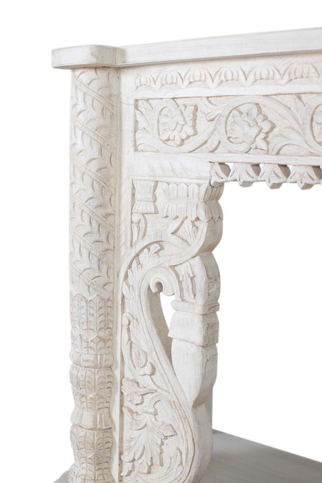 GINER Y COLOMER - Console de Salle à Manger en Bois de Mango Massif Blanc Vieilli avec Plateau Bas, Patins Tournés et Détails Sculptés Main - 180x90x40 cm