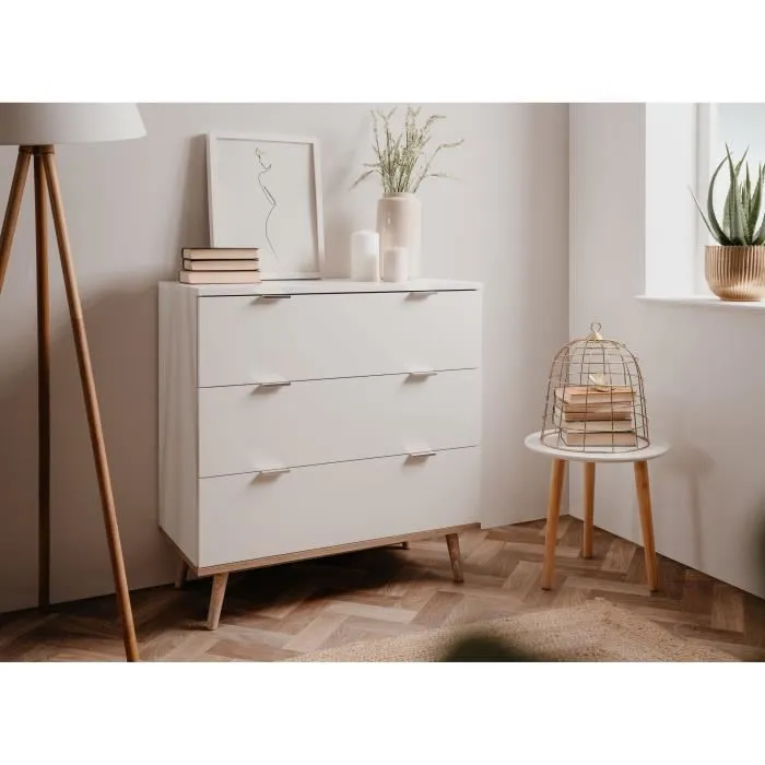 Commode Göteborg 3 tiroirs, blanc et chêne, style scandinave, dimensions L 79.8 x P 40 x H 86.5 cm