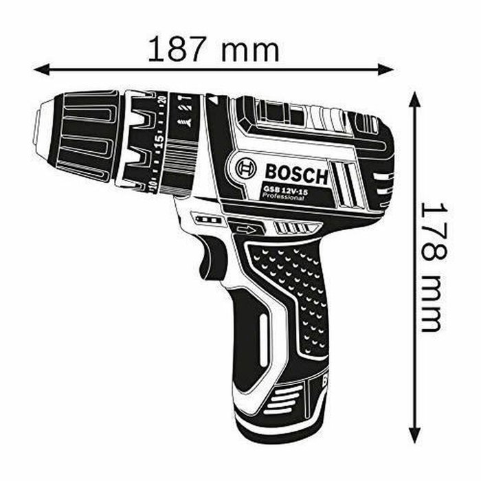 Bosch Professional GSB 12V-15 Perceuse-visseuse à percussion avec 10 accessoires, 2 batteries 2,0Ah et coffret