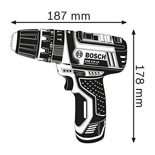 Bosch Professional Perceuse-visseuse à percussion sans fil GSB 12V-15 avec 10 accessoires, 2 batteries 2,0Ah et coffret - Diamètre de perçage 19 mm, 1300 tr/min