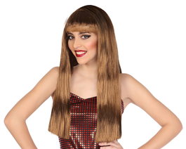 Perruque longue lisse châtain avec frange de 60 cm et 120 g - Idéale déguisement, théâtre et carnaval