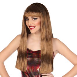 Perruque longue lisse châtain avec frange de 60 cm et 120 g - Idéale déguisement, théâtre et carnaval