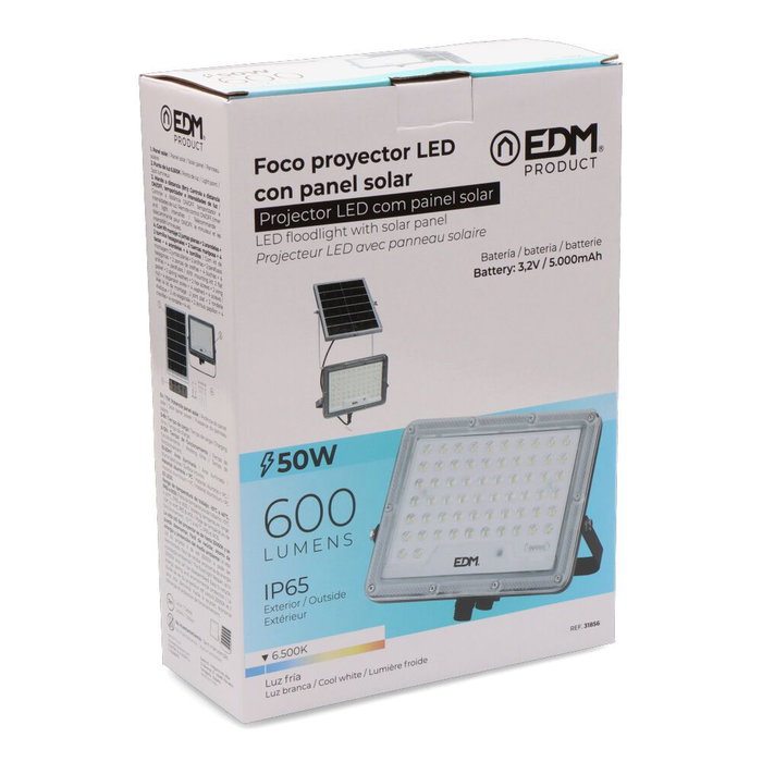 Edm Projecteur LED Solaire 50W 600LM 6500K Lumière Froide avec Télécommande et Capteur Crépusculaire IP65 Edm Projecteur LED Solaire 50W 600LM 6500K Lumière Froide avec Télécommande et Capteur Crépusculaire IP65