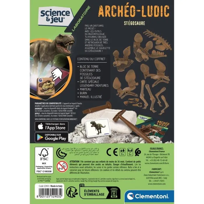 Clementoni Archéo Ludic Stégosaure - Kit de fouille paléontologique pour enfants avec squelette de dinosaure et application en réalité augmentée Clementoni Archéo Ludic Stégosaure - Kit de fouille paléontologique pour enfants avec squelette de dinosaure et application en réalité augmentée
