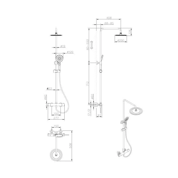 Oceanic - Colonne de douche avec mitigeur thermostatique, pomme haute ronde 20 cm, douchette à 3 jets, barre réglable, finition noir mat - L.50.8xP.27.7xH.79.2-126.2 cm