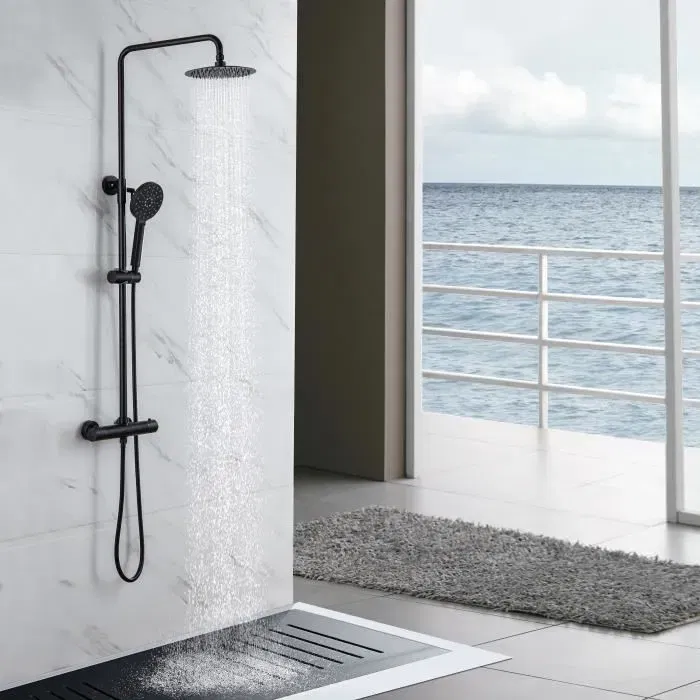Oceanic - Colonne de douche avec mitigeur thermostatique, pomme haute ronde 20 cm, douchette à 3 jets, barre réglable, finition noir mat - L.50.8xP.27.7xH.79.2-126.2 cm
