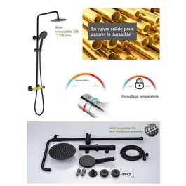 Oceanic - Colonne de douche avec mitigeur thermostatique, pomme haute ronde 20 cm, douchette à 3 jets, barre réglable, finition noir mat - L.50.8xP.27.7xH.79.2-126.2 cm