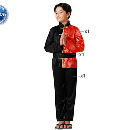 Déguisement Chinois Noir pour Garçon 7-9 Ans - Costume Asiatique Taille Enfant en Polyester avec Chemise à Manches Longues, Pantalon et Ceinture