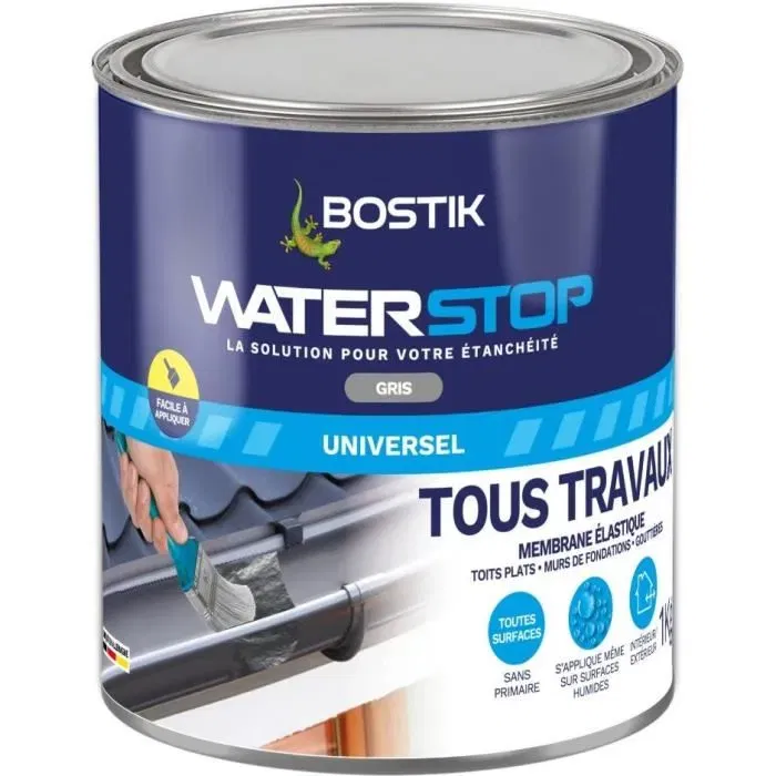Bostik Waterstop, membrane d'étanchéité multi-travaux haute performance pour réparation de fuites et fissures, pot de 1 kg, gris