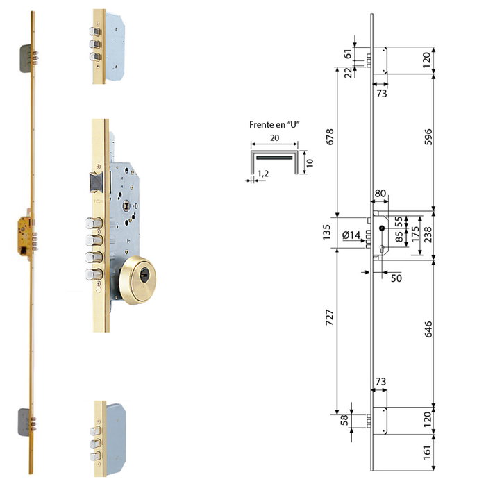 TESA Serrure de sécurité multipoint 3 bulons Dorée