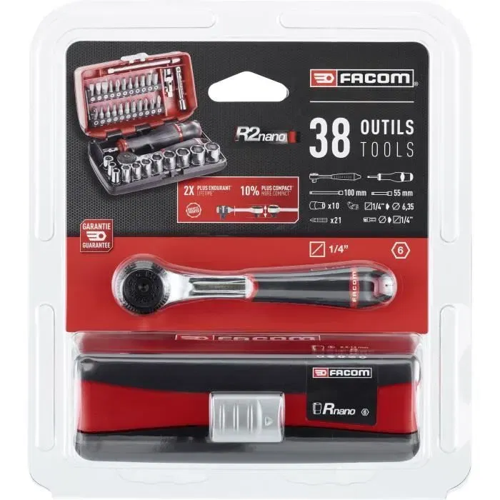 Facom R2NANOPB Coffret de 38 douilles et embouts 1/4" 6 pans métriques pour accès restreints - Diamètres de 5.5 à 14 mm