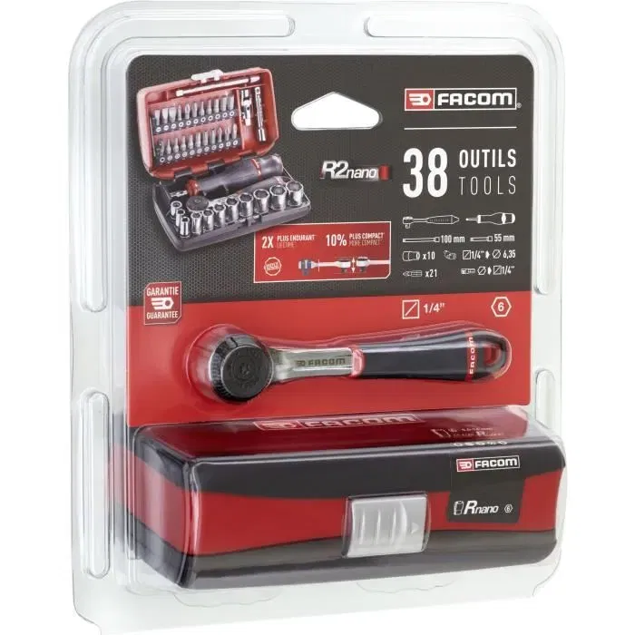 Facom R2NANOPB Coffret de 38 douilles et embouts 1/4" 6 pans métriques pour accès restreints - Diamètres de 5.5 à 14 mm