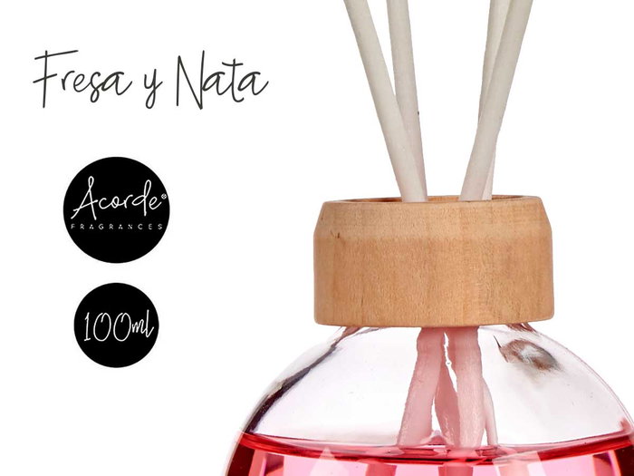 Acorde Mikado 100 ml avec tige fraise et crème, verre et bois, rose, 5,5x21,3x5,5 cm (Set de 12)