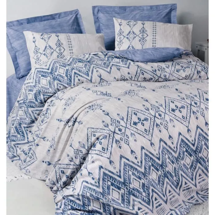 Parure de lit 3 pièces en coton renforcé - 1 housse de couette 220 x 240 cm + 2 taies d'oreiller 60 x 60 cm - 145 fils - Bleu - Fermeture à boutons Parure de lit 3 pièces en coton renforcé - 1 housse de couette 220 x 240 cm + 2 taies d'oreiller 60 x 60 cm - 145 fils - Bleu - Fermeture à boutons