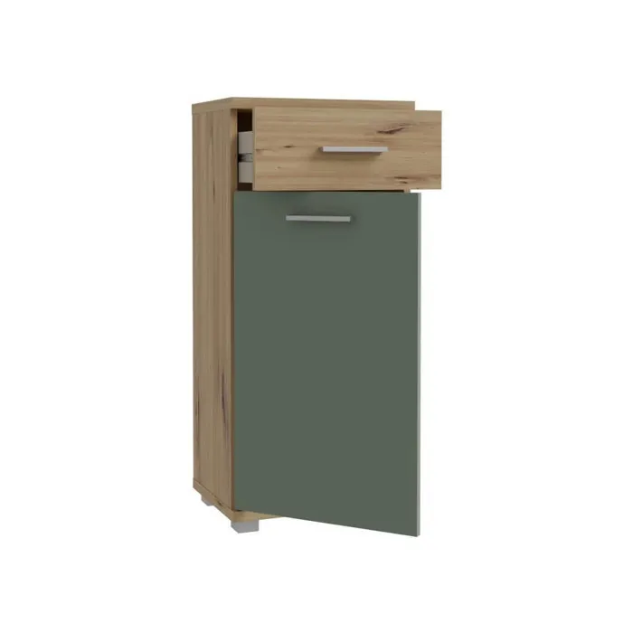 Forte Meuble Bas de Salle de Bain CHAMP Décor Chêne et Vert Sauge - 1 Porte, 1 Tiroir, 1 Tablette - Configuration Droite/Gauche - L 40.2 x P 28.9 x H 87.6 cm