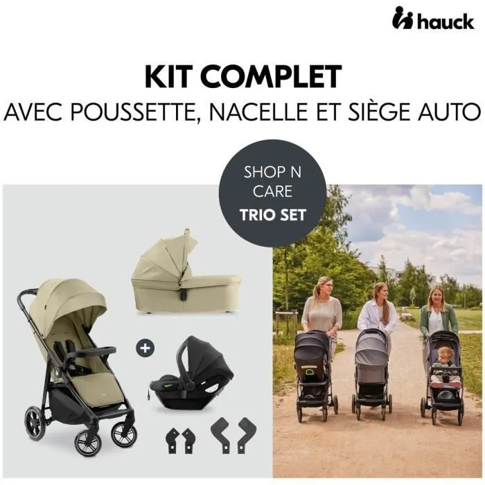 Hauck Shop N Care Trio 3-en-1 Olive - Poussette, Nacelle, Siège Auto Groupe 0+/1 avec Adaptateurs - Léger, Plage UPF 50+, Jusqu'à 22 kg