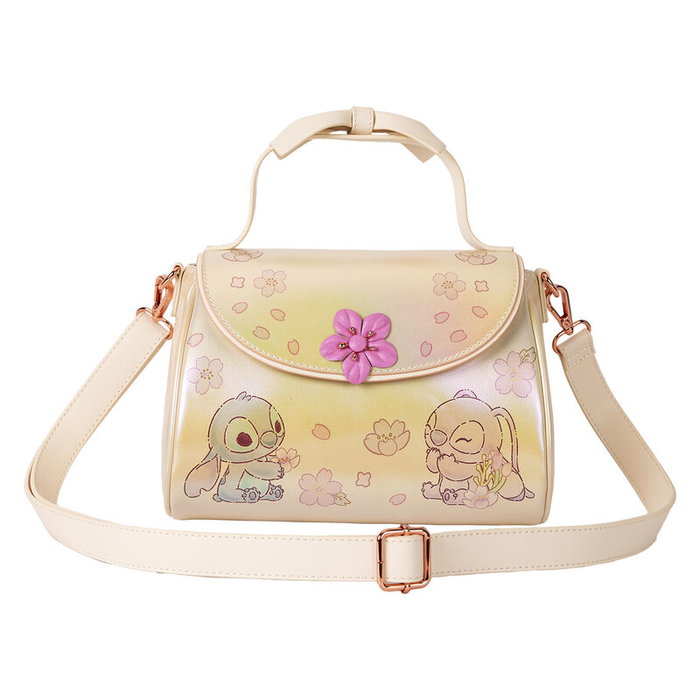 LOUNGEFLY Sac bandoulière Disney Stitch Mignon en simili cuir avec détails 3D de fleurs et lazos, fermoir doré rose et intérieur assorti