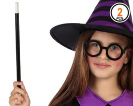 Atosa Pack Baguette Noire et Lunettes Rondes pour Magicien ou Sorcier