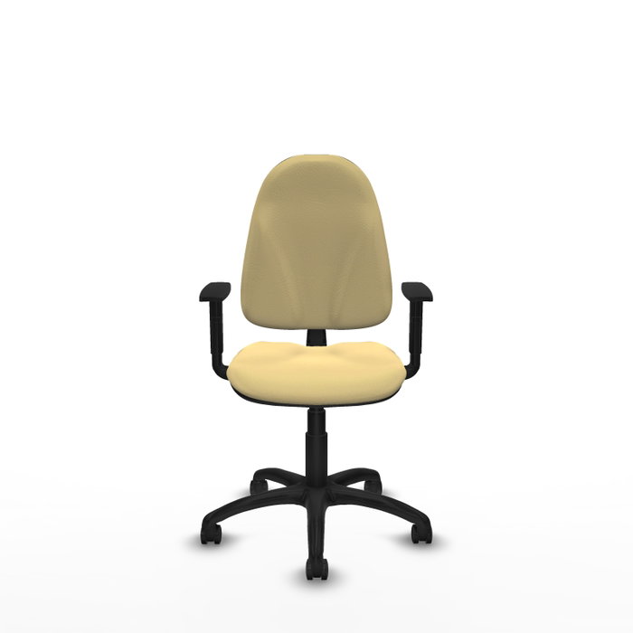 Chaise de bureau Algarra avec mécanisme de contact permanent de base, revêtue de similicuir couleur crème. Équipée d'un piètement en polyamide noir, d'accoudoirs 1D et de roulettes pour parquet Chaise de bureau Algarra avec mécanisme de contact permanent de base, revêtue de similicuir couleur crème. Équipée d'un piètement en polyamide noir, d'accoudoirs 1D et de roulettes pour parquet