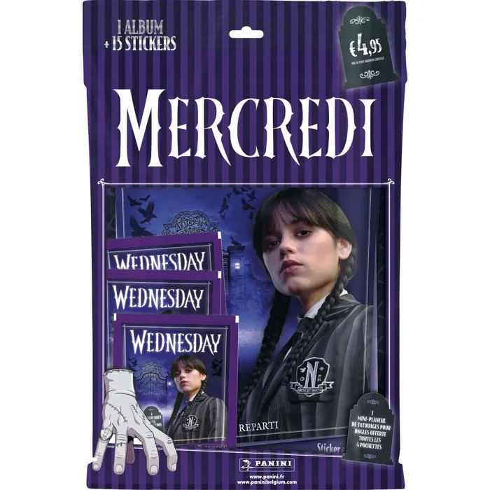 Panini Album de Stickers Collection Mercredi Saison 2 - 198 Stickers Dont 48 Spéciaux + Poster + Mini-Planche Tatouages Ongles - Nevermore Academy