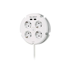 Simon Base multiple ronde 4 prises Schuko + 2 USB 2,5A 1,5m H05VV-F 3G1,5 16A/250V Blanc Ø16x4cm