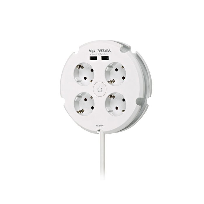 Simon Base multiple ronde 4 prises Schuko + 2 USB 2,5A 1,5m H05VV-F 3G1,5 16A/250V Blanc Ø16x4cm Simon Base multiple ronde 4 prises Schuko + 2 USB 2,5A 1,5m H05VV-F 3G1,5 16A/250V Blanc Ø16x4cm