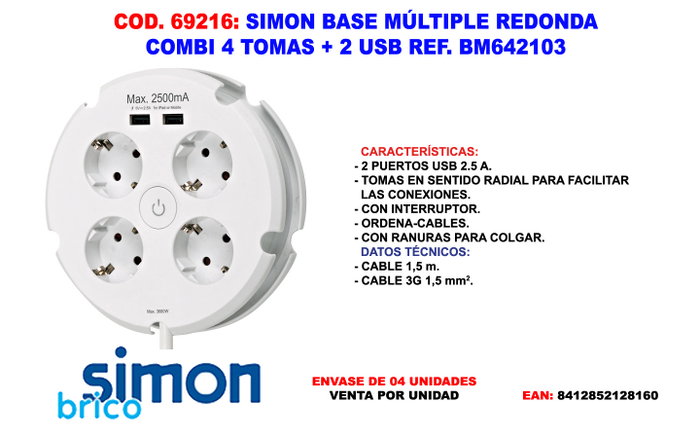 Simon Base múltiple redonda 4 tomas Schuko + 2 USB, blanca