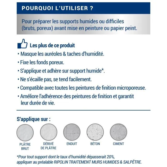 Ripolin Sous-couche acrylique anti-humidité mate blanche 2,5 L pour murs intérieurs - Rendu 25 m²