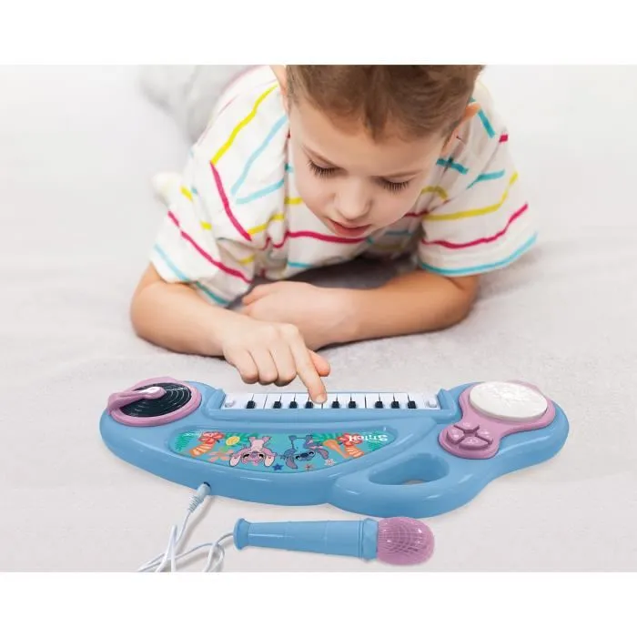 Lexibook Piano Électronique pour Enfants avec Microphone et Effets Lumineux Stitch, 4 Instruments, 22 Mélodies, Platine et Bouton Batterie