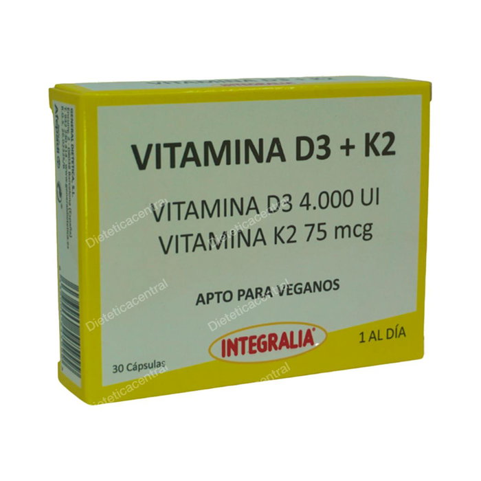 INTEGRALIA Vitamine D3 4000UI + K2 75mcg, 30 capsules végétaliennes INTEGRALIA Vitamine D3 4000UI + K2 75mcg, 30 capsules végétaliennes