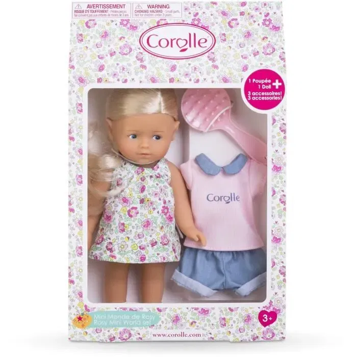 Corolle Coffret Poupee Mini Monde De Rosy Mes Minis Corollines, Poupée 20 cm avec Tenue de Rechange et Brosse, Cheveux Blonds à Coiffer Vanille, Dès 3 ans