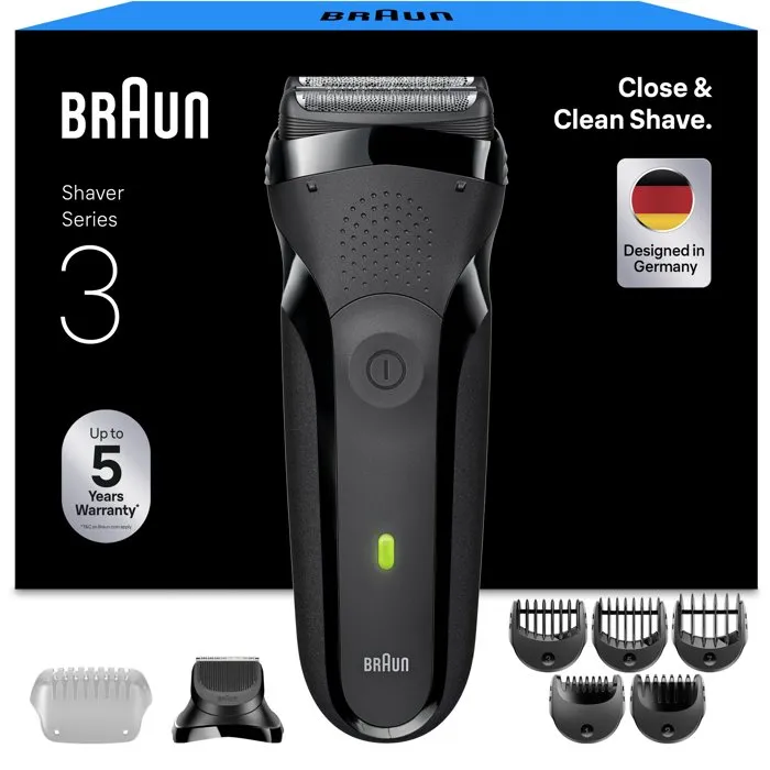 Braun Series 3 - Rasoir électrique pour homme - Noir - Autonomie 30 min - Charge rapide 5 min - Tondeuse incluse - Utilisable sous la douche