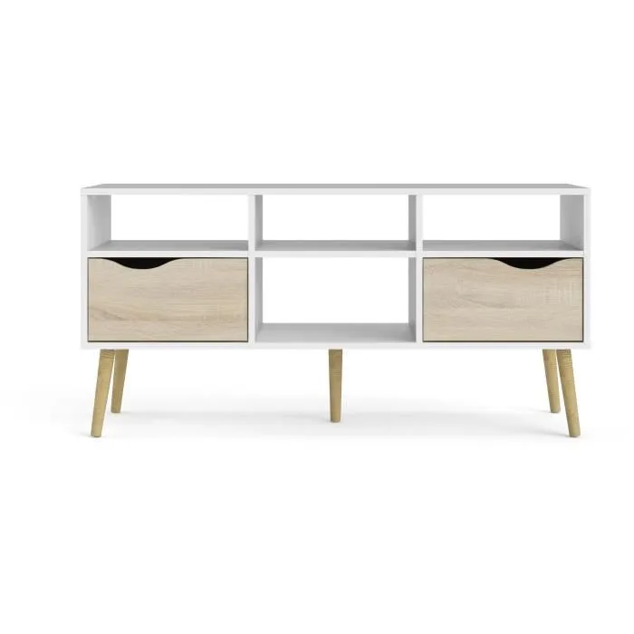 ARO - Meuble TV 4 niches 2 tiroirs avec glissières métalliques - Blanc et chêne Sonoma - 117,2 x 39,1 x 57,4 cm - Capacité 26 kg