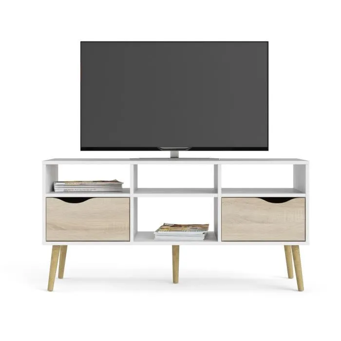 ARO - Meuble TV 4 niches 2 tiroirs avec glissières métalliques - Blanc et chêne Sonoma - 117,2 x 39,1 x 57,4 cm - Capacité 26 kg