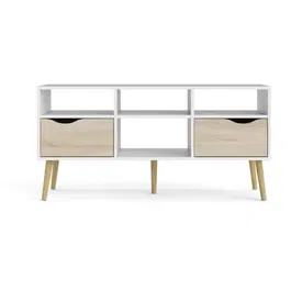 ARO - Meuble TV 4 niches 2 tiroirs avec glissières métalliques - Blanc et chêne Sonoma - 117,2 x 39,1 x 57,4 cm - Capacité 26 kg