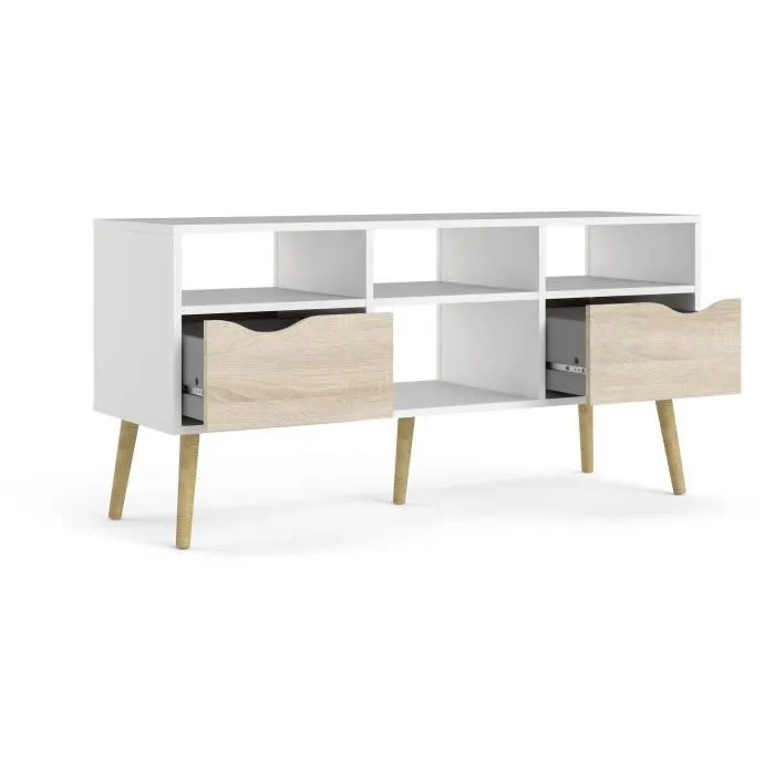 ARO - Meuble TV 4 niches 2 tiroirs avec glissières métalliques - Blanc et chêne Sonoma - 117,2 x 39,1 x 57,4 cm - Capacité 26 kg