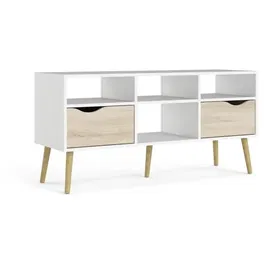ARO - Meuble TV 4 niches 2 tiroirs avec glissières métalliques - Blanc et chêne Sonoma - 117,2 x 39,1 x 57,4 cm - Capacité 26 kg